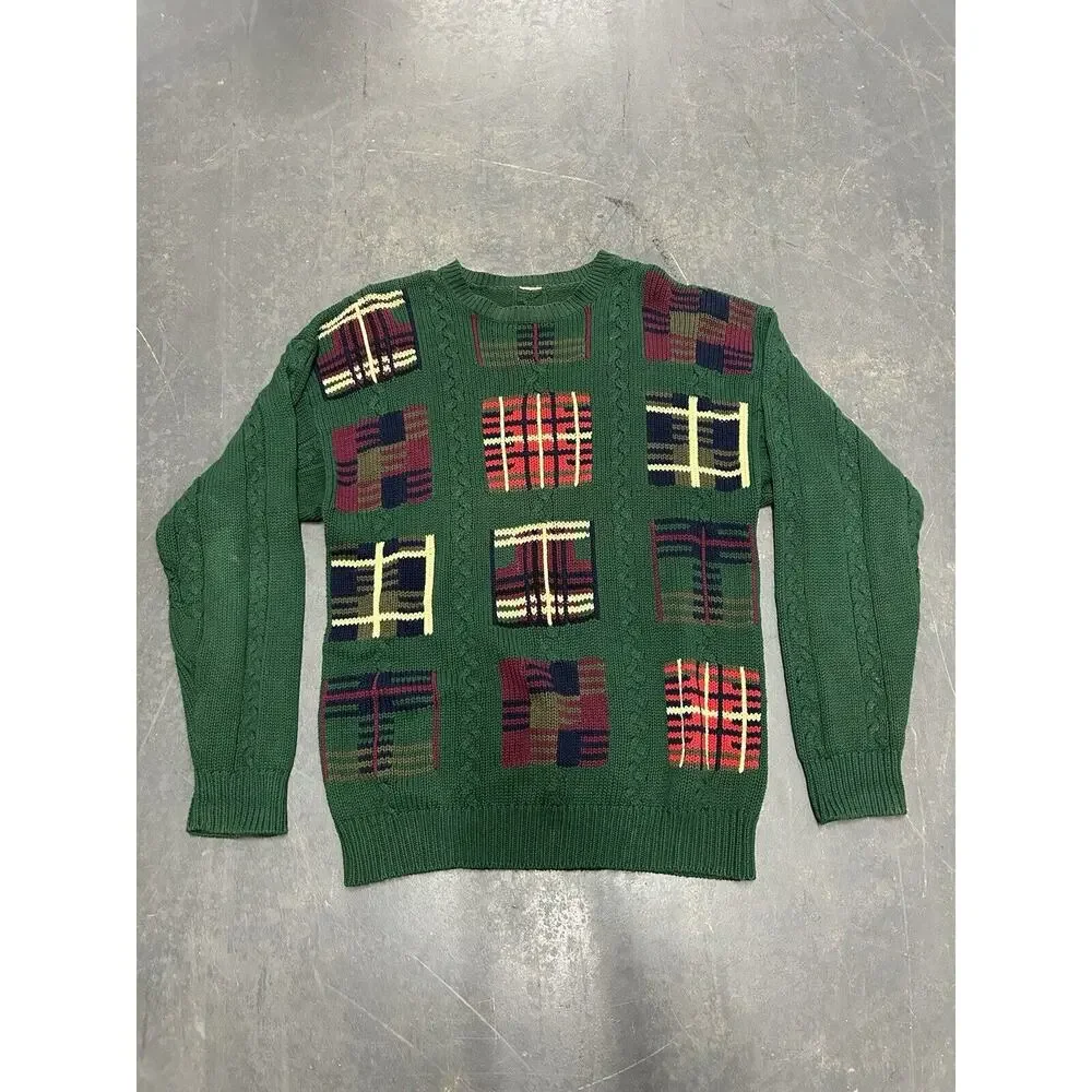 Cable Knit Christmas Sweater Forest Green Geometric Checked Crew Neck Mens Large